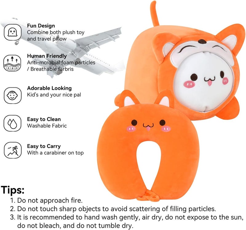 stocaggio Kids Travel Pillow - 2-in-1 Deformable Kids Neck Pillow for Traveling, Soft U-Shaped Pillow with Adorable Animal Design, Comfy Sleep and Play, Ideal for Airplanes and Traveling (QQ Orange Fox) - Image 4